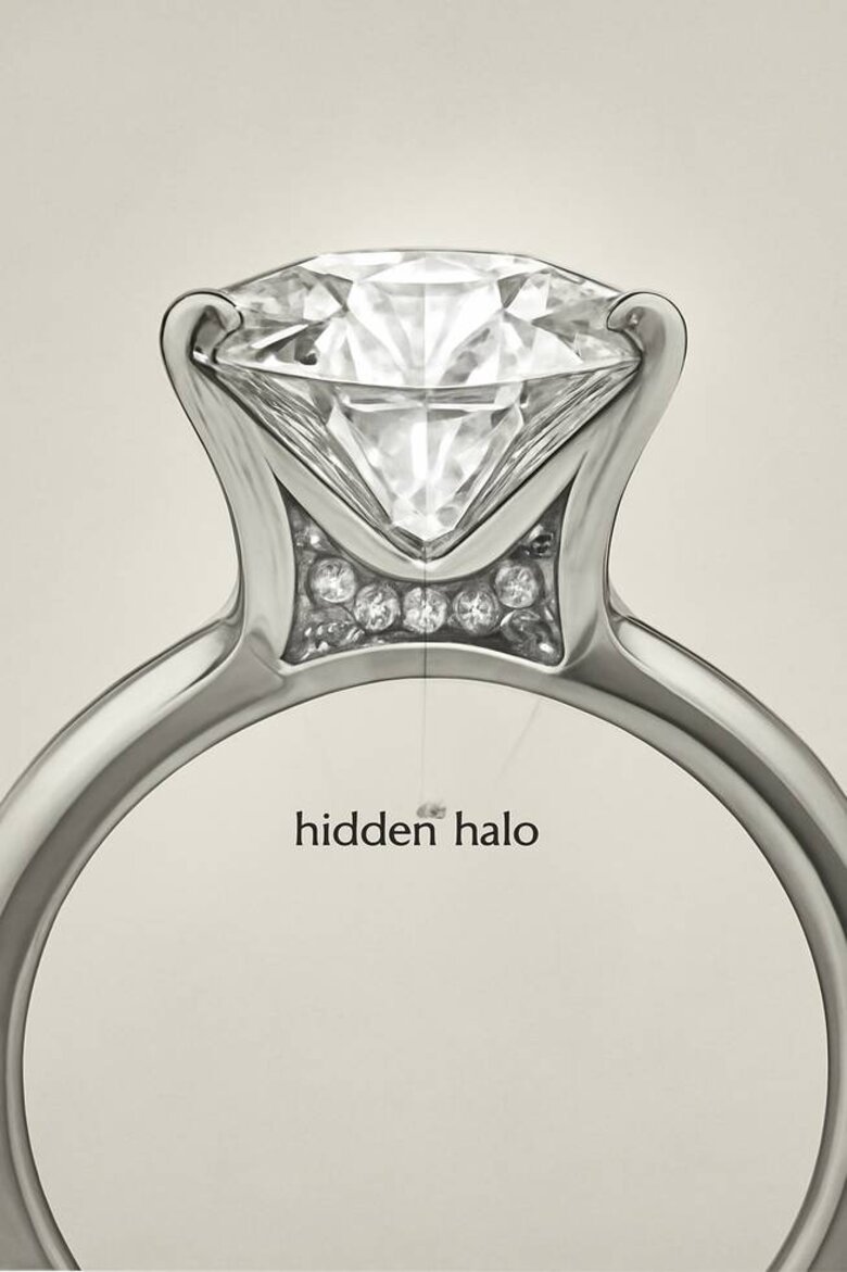 Image: Cross-section technical diagram of hidden halo construction showing micro-pavé placement beneath center stone - Reveals the engineering precision that creates the secret sparkle effect