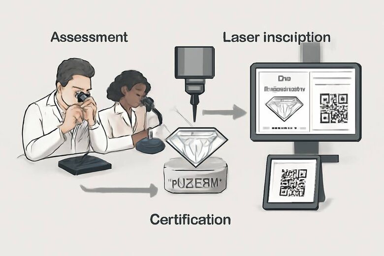 Image: Diamond Certification Process Flow - Step-by-step visual showing IGI/GIA assessment stations, laser inscription equipment, and digital documentation systems