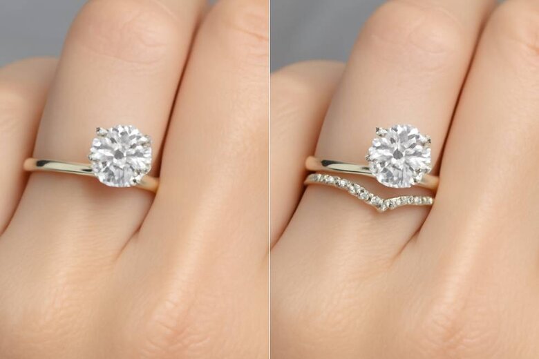 Image: Split-Screen Wedding Band Comparison on Hand - Left side showing straight band with visible gap around cathedral-set engagement ring, right side showing curved lab grown diamond band achieving seamless flush alignment, demonstrating immediate visual and practical advantages