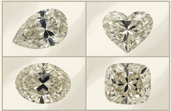 Bild: Form-spezifischer Fliege-Vergleich - Seite-an-Seite-Fotos von Diamanten identischer Qualität im Oval-, Marquise-, Birnen- und Kissenschliff, die tatsächliche Fliege-Variationen zeigen, um Käufern zu helfen, die realen Unterschiede zu verstehen