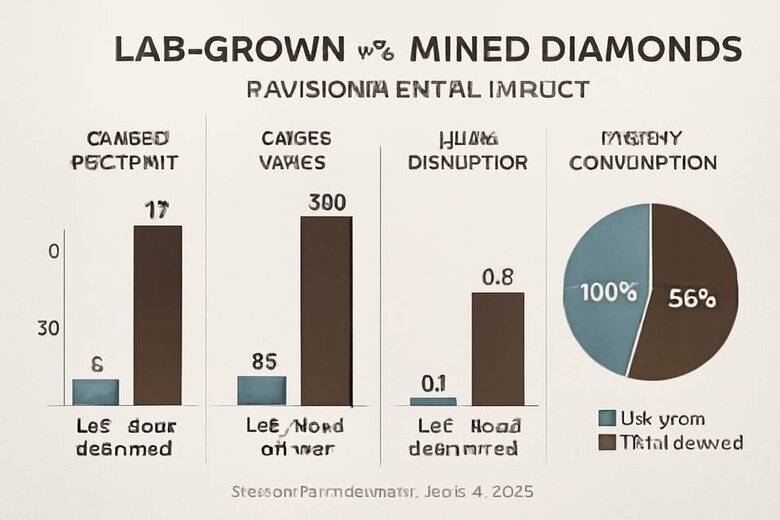 Infographic: Environmental Impact Comparison—Lab-Grown vs Mined Diamond Production - Data visualization showing carbon footprint, water usage, land disruption, and energy consumption per carat for both production methods, sourced from independent studies