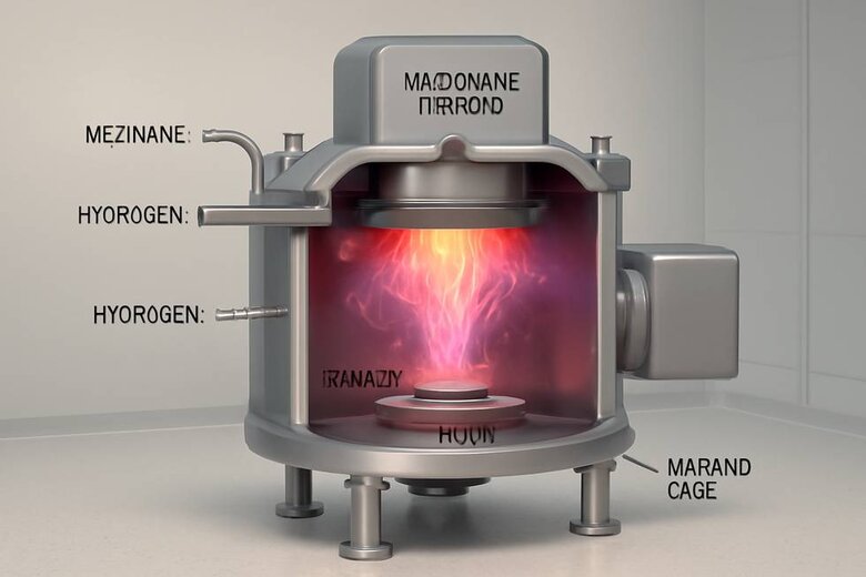 Image: CVD Diamond Production Process - Detailed cross-section view of CVD plasma chamber showing methane/hydrogen gas flow, microwave activation, diamond seed substrate, and carbon atom crystallization at 2000°C with clean room environment