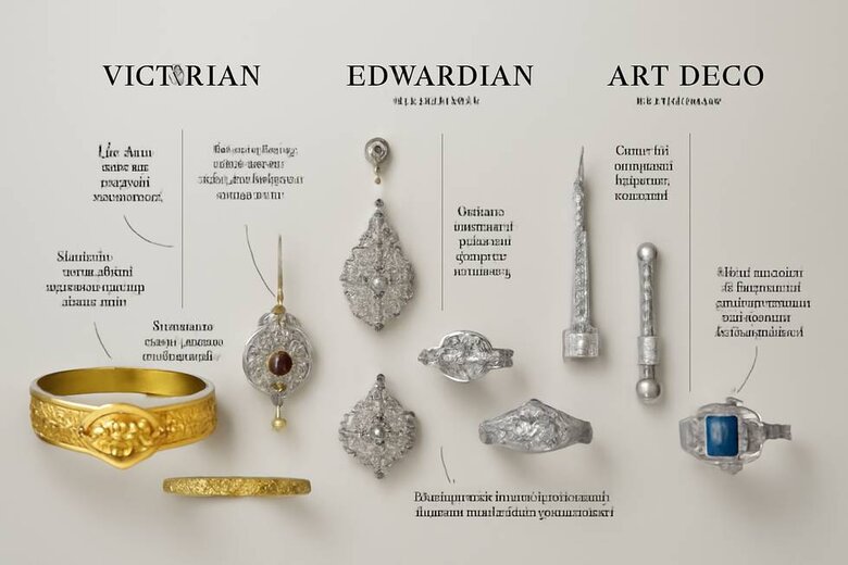 Image: Era-Specific Design Timeline - Visual timeline showing key design elements, metal preferences, and signature motifs across Victorian, Edwardian, and Art Deco periods with authentic reproduction examples