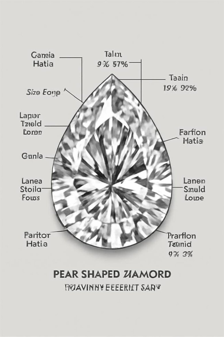 Image: Pear Diamond Facet Pattern Diagram - Detailed illustration showing all 58 facets labeled (crown mains, pavilion mains, star facets, upper/lower girdles) with optimal angle measurements annotated, helping buyers understand what creates brilliance