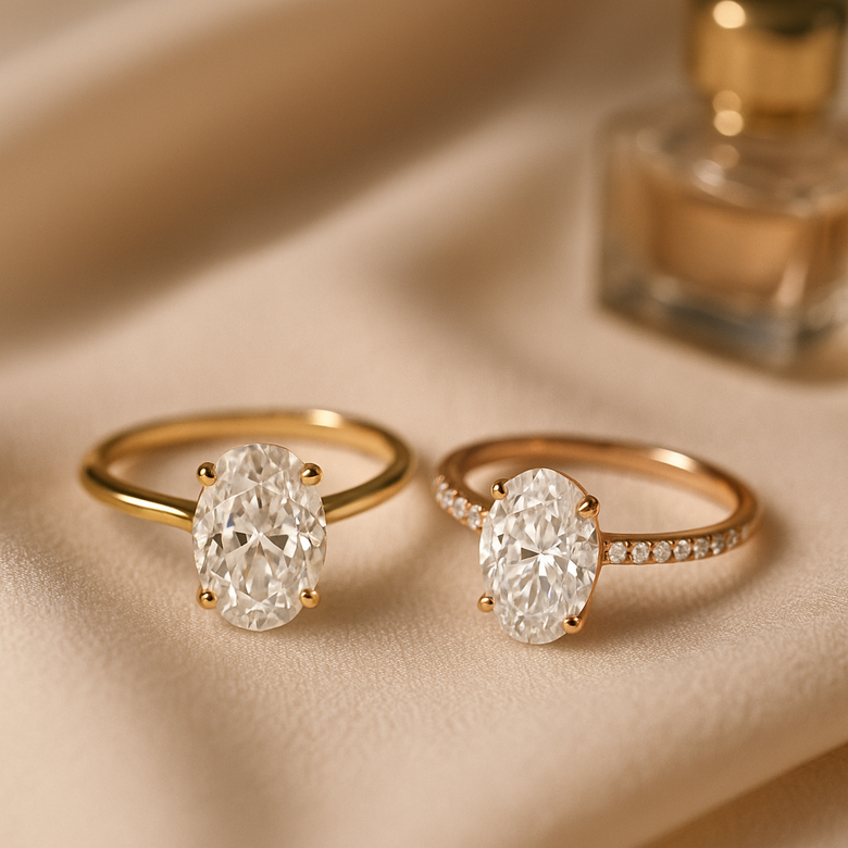 Four-panel comparison showing identical 2-carat oval in four different settings: classic solitaire, hidden halo, pavé band, and bezel - Eliminates setting confusion by showing exact visual impact of each style on the same diamond, accelerating decision-making
