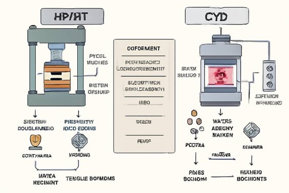 Infographic: HPHT vs CVD Manufacturing Process Flow - Step-by-step comparison of equipment, conditions, timeframes, and output capabilities for both methods