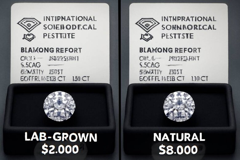 Image: Split-screen comparison showing identical brilliant-cut lab-grown and natural diamonds under gemological lighting with IGI certificates displayed - Demonstrates indistinguishable quality while highlighting dramatic price differential