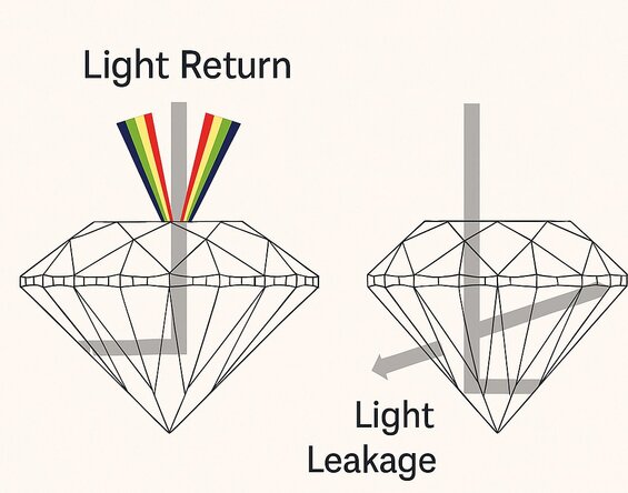 Bild: Light Path Diagram in Elongated Diamonds - Visuelle Demonstration, die zeigt, wie das Licht in die Pavillonfacetten eintritt, durch sie hindurchgeht und entweder zurückreflektiert wird oder durch sie hindurchsickert, was den Käufern den Mechanismus der Fliege deutlich macht