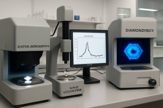 Image: Advanced Gemological Testing Equipment Setup - Professional laboratory showing photoluminescence spectroscopy, Raman analysis, and DiamondView systems for accurate identification
