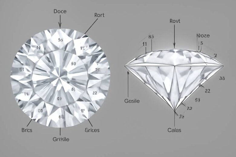 Image: Diamond Facet Map with Numbered Components - Detailed top and side view showing all 57-58 facets with clear labeling for easy identification