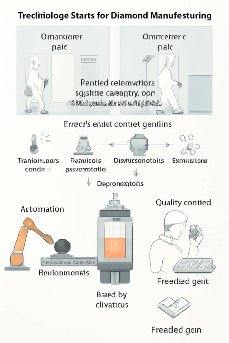 Infographic: Diamond Manufacturing Facility Technology Stack - Comprehensive visual showing clean room requirements, monitoring systems, quality controls, automation levels, and precision measurements from raw materials to finished gems