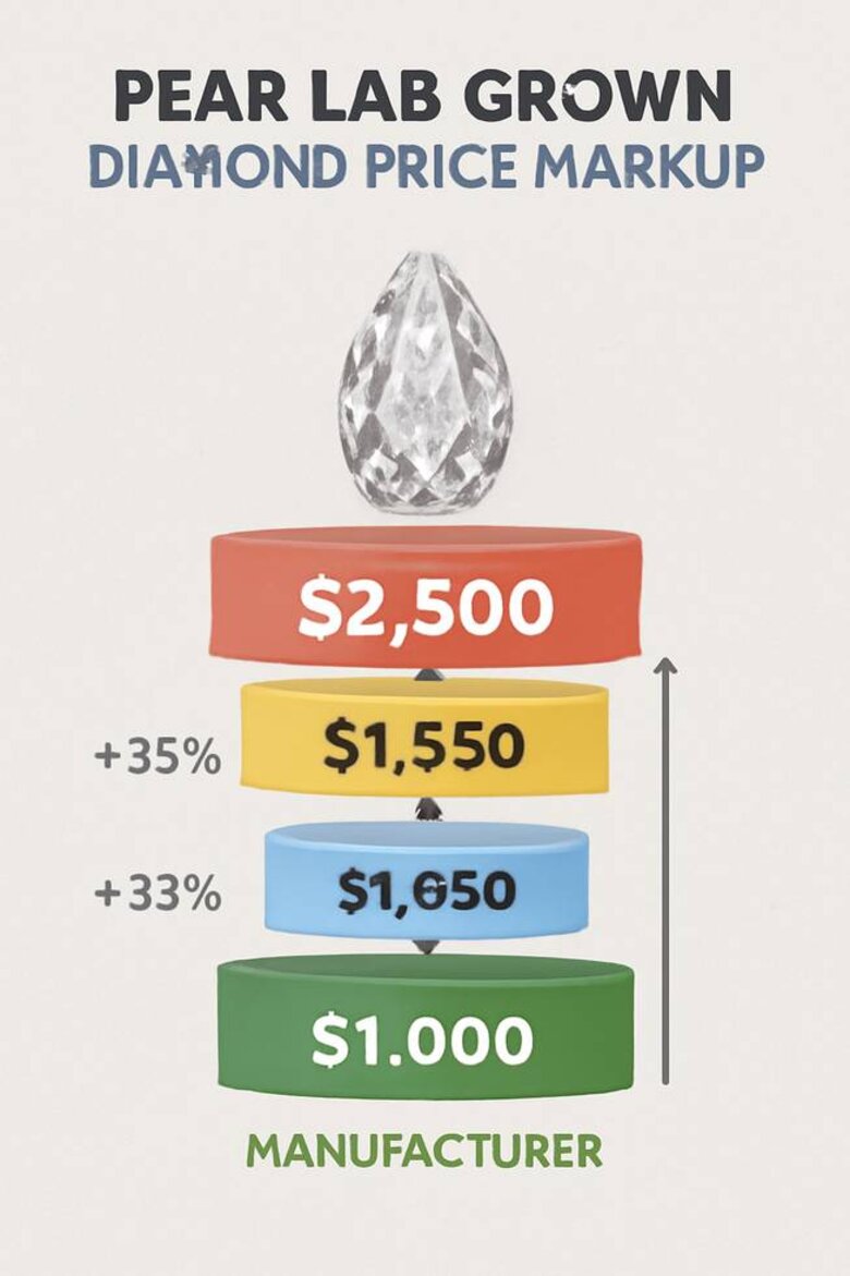 Infographic: Price Markup Flow from Manufacturer to Consumer - Visual breakdown showing dollar amounts added at each distribution layer (manufacturer → wholesaler → retailer → consumer) with percentage increases at each step, demonstrating where savings come from