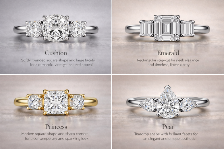 Center Stone Shape Showcase - High-resolution photography displaying all six center stone cuts in three-stone settings on hand models, showing how each shape affects overall ring proportions and finger appearance from multiple angles