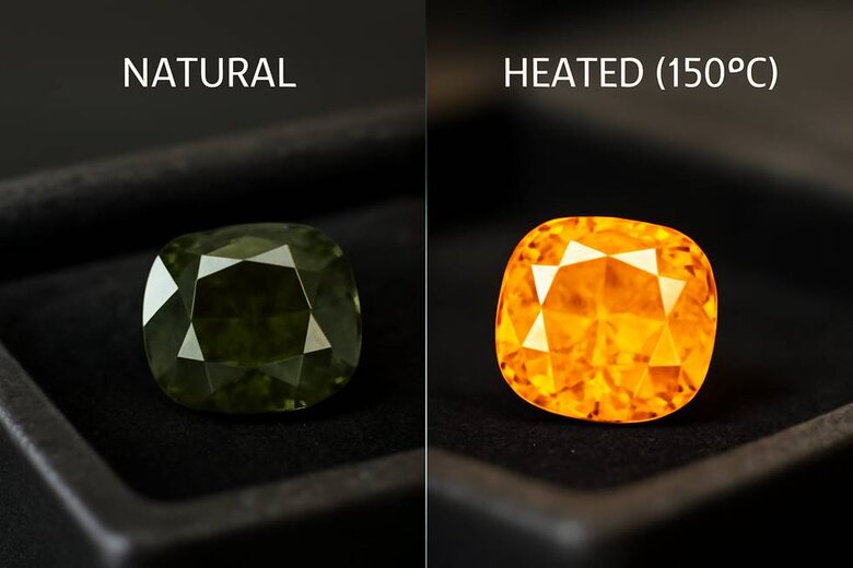 Image: Split View of Chameleon Diamond Before and After Heat Transformation - Shows dramatic olive green to yellow-orange color change demonstrating the unique thermochromic properties