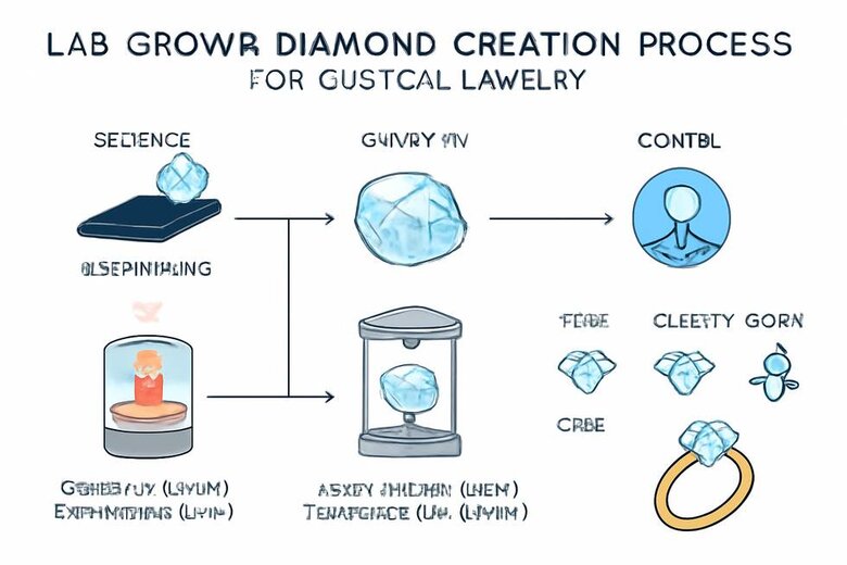 Infographic: Lab-Grown Diamond Creation Process for Custom Jewelry - Complete CVD and HPHT process visualization showing quality control points and customization opportunities