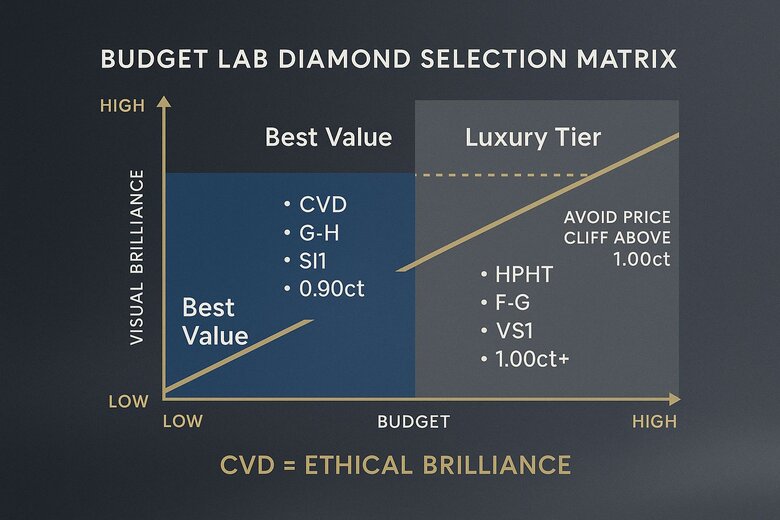 Image: Budget Lab Diamond Selection Matrix - Visual comparison showing optimal quality combinations that maximize brilliance within different price ranges