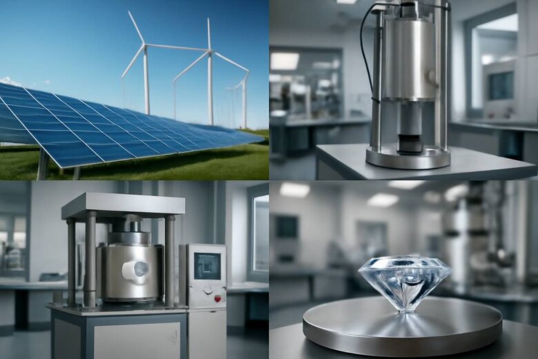 Image: Diamond Creation Process with Renewable Energy - Step-by-step visual showing solar panels and wind turbines powering CVD and HPHT diamond manufacturing equipment to demonstrate sustainable production