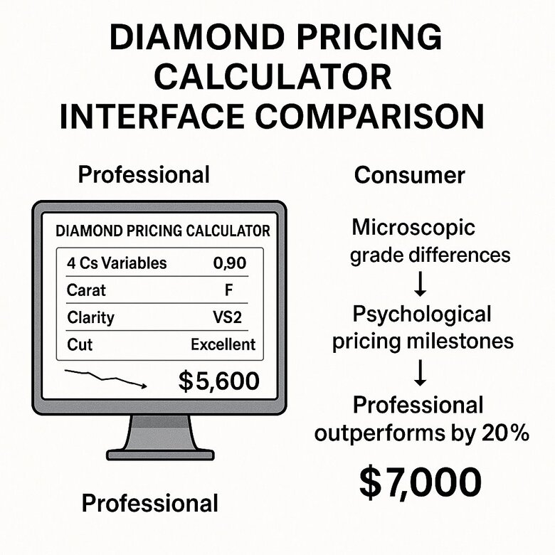 Image: Diamond Pricing Calculator Interface Comparison - Professional tools showing real-time market data analysis with 4Cs variables and price optimization strategies