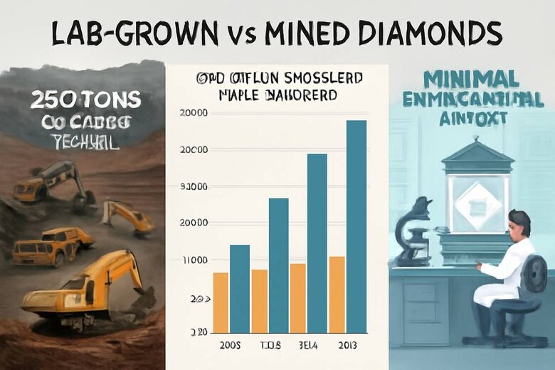 Infographic: Environmental impact comparison showing 250 tons earth movement for mining vs controlled lab conditions, plus cost savings breakdown by carat size - Quantifies both environmental and financial benefits