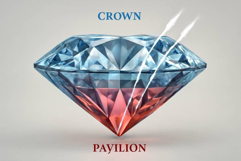 Image: Diamond Cross-Section Showing Crown and Pavilion Angles - Visual demonstration of how light enters through crown and reflects back through pavilion for optimal brilliance