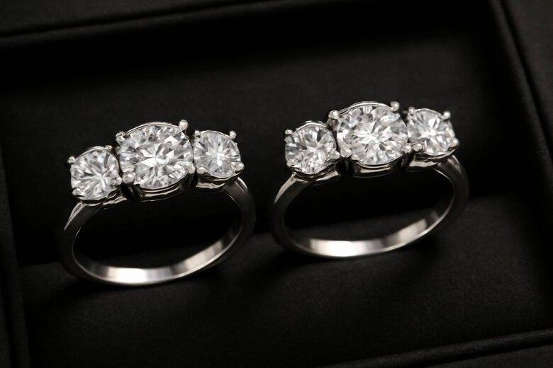 Image: Side-by-side visual comparison of three-stone engagement rings featuring lab-grown vs mined diamonds in identical settings, showing their indistinguishable appearance - Proves visual parity eliminates compromise on luxury aesthetics