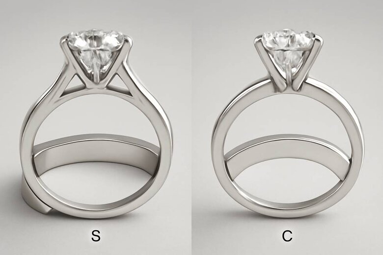 Image: Cross-Section View of Straight Band vs Curved Band Fit - Visual demonstration showing how straight bands create gaps while curved bands achieve flush alignment against different engagement ring settings, including cathedral and high prong mountings