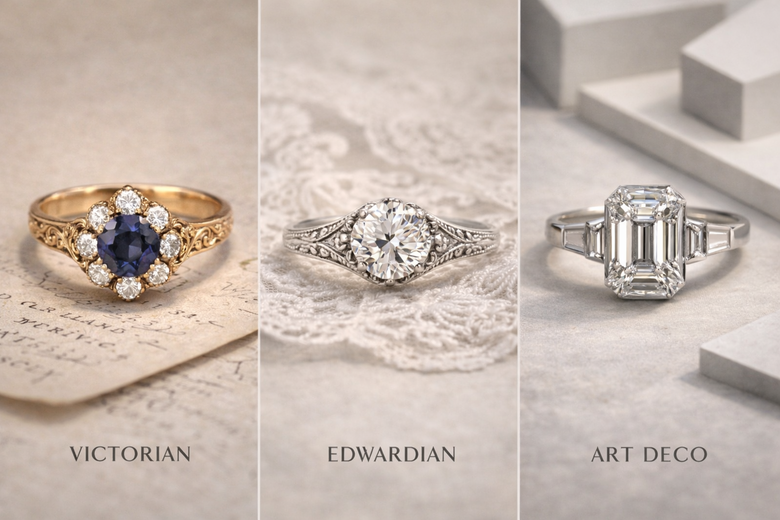 Era-Specific Design Timeline - Visual timeline showing key design elements, metal preferences, and signature motifs across Victorian, Edwardian, and Art Deco periods with authentic reproduction examples