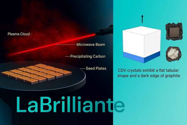 Infographic: CVD Diamond Creation Process Flow - Step-by-step visualization showing complete transparency from gas input to finished diamond with tracking points