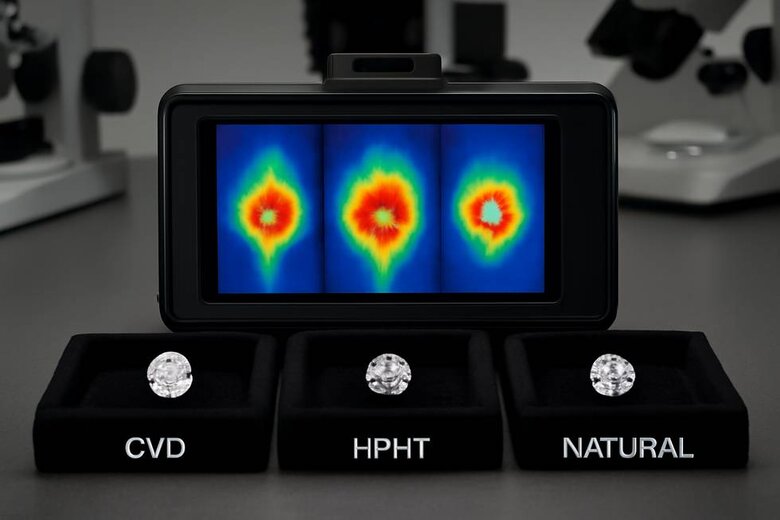 Image: Thermal Conductivity Visual Comparison - Shows heat transfer patterns through CVD, HPHT, and natural diamonds under thermal testing to illustrate why CVD passes consistently