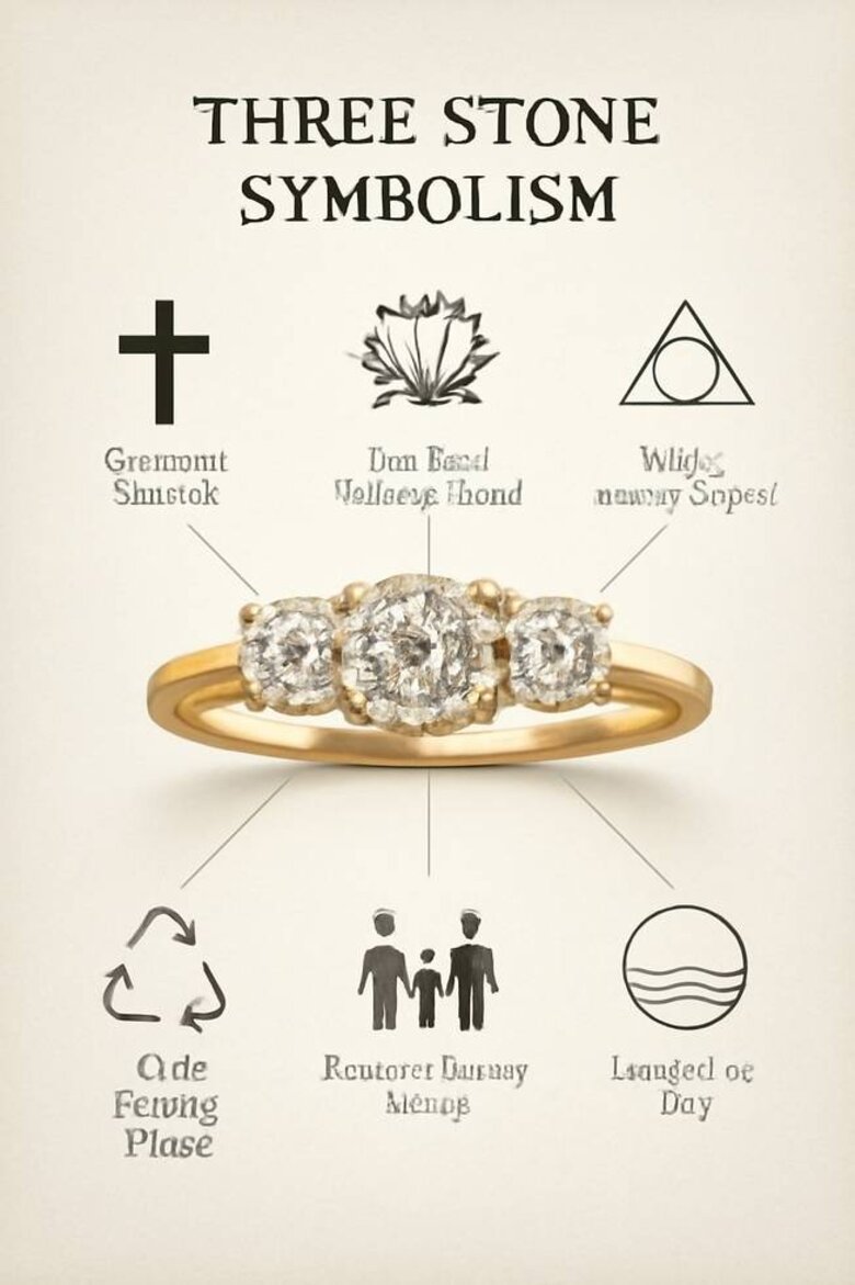 Image: Cultural Symbolism Visualization - Illustrated icons showing six different cultural/personal interpretations of three-stone symbolism with elegant design connecting each meaning to the ring structure