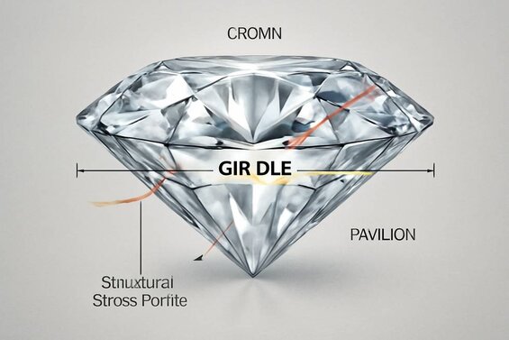 Image: Diamond Girdle Cross-Section Anatomy Diagram - Visual breakdown showing girdle position between crown and pavilion with light path indicators and structural stress points