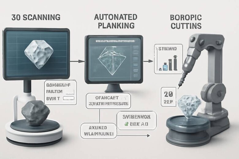 Infographic: AI-Integrated Diamond Cutting Workflow - Step-by-step visualization showing 3D scanning, computer modeling, automated parameter adjustment, real-time monitoring, and quality control integration with processing time reductions and yield improvements at each stage - Demonstrates complete technology transformation impact on operations