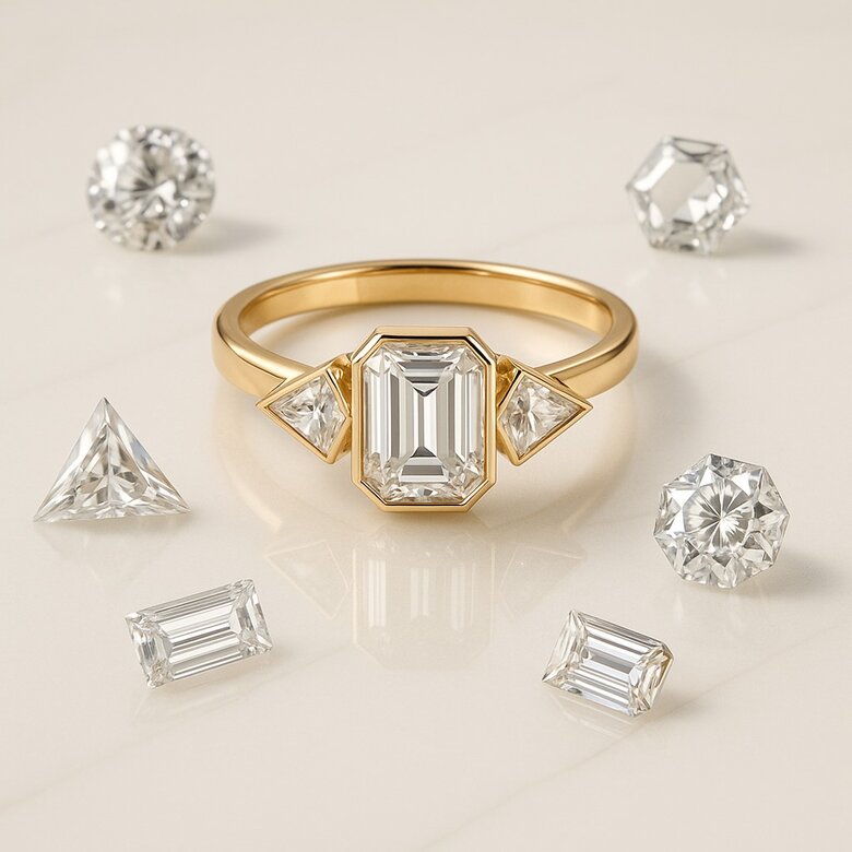 Image: Precision comparison showing geometric lab-grown diamonds vs. mined stones with highlighted angular measurements - Shows readers the exact precision differences they can expect when choosing geometric shapes