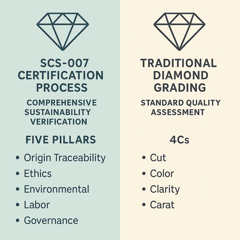 Image: SCS-007 Certification Process and Traditional Diamond Grading Comparison - Shows comprehensive sustainability verification versus standard quality assessment
