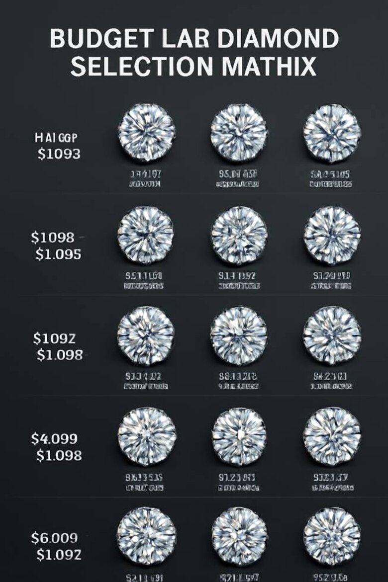 Image: Budget Lab Diamond Selection Matrix - Visual comparison showing optimal quality combinations that maximize brilliance within different price ranges
