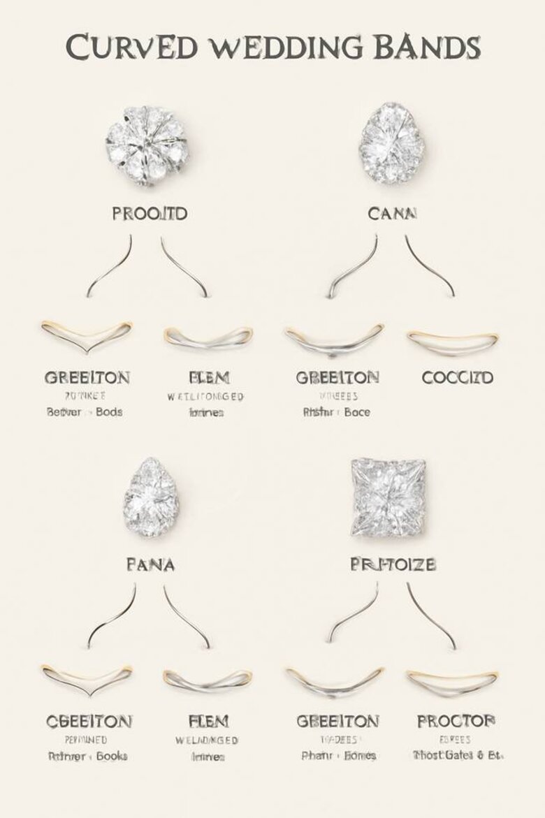 Infographic: Curved Band Compatibility Guide by Diamond Shape - Visual flowchart showing which curved band styles work best with round, oval, pear, princess, and other diamond shapes, including recommended curve depths and angles