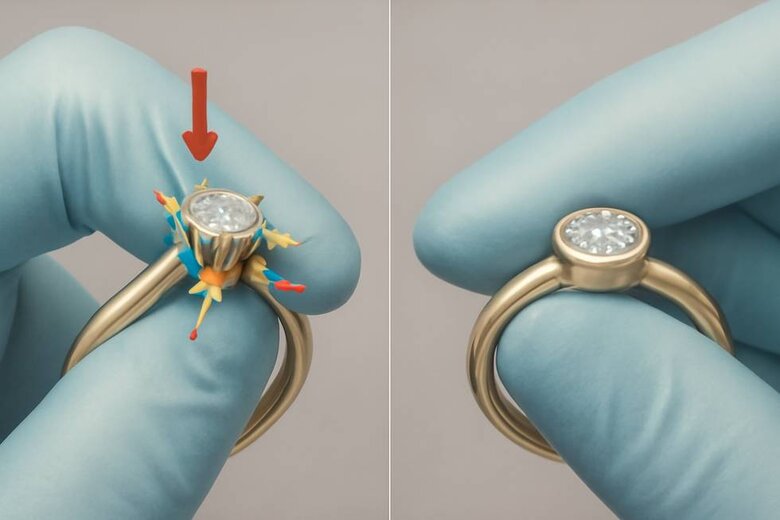 Image: Close-up medical illustration showing surgical glove catching on prong tip with force vectors and stress concentration points marked, contrasted with smooth glove sliding over bezel rim - Makes abstract safety concerns concrete and immediately understandable