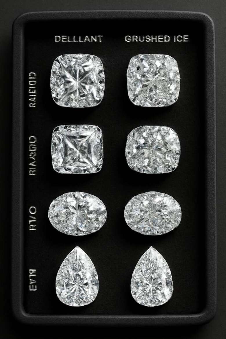 Image: Shape-Specific Cut Style Comparison - Visual grid showing cushion, radiant, oval, and pear shapes in both brilliant and crushed ice patterns, highlighting how each shape responds to different cutting approaches