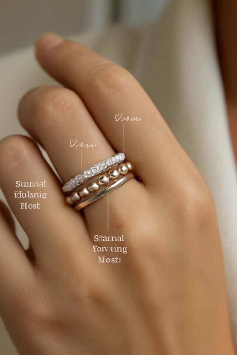 Image: Elegant Hands Wearing Stacked Anniversary Bands in Multiple Metal Tones - Lifestyle photography showcasing three generations of anniversary rings (original wedding band, 5-year addition, 10-year eternity) worn together on one hand with natural lighting emphasizing how stackable designs create visual relationship timelines while maintaining individual beauty