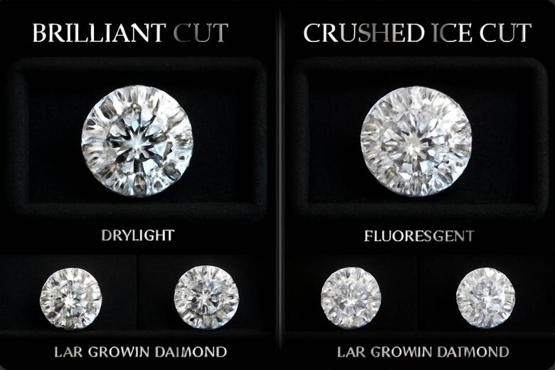 Image: Split-Screen Diamond Comparison Under Multiple Lighting Conditions - Shows brilliant cut and crushed ice lab diamonds side-by-side demonstrating their distinct sparkle patterns and light performance differences