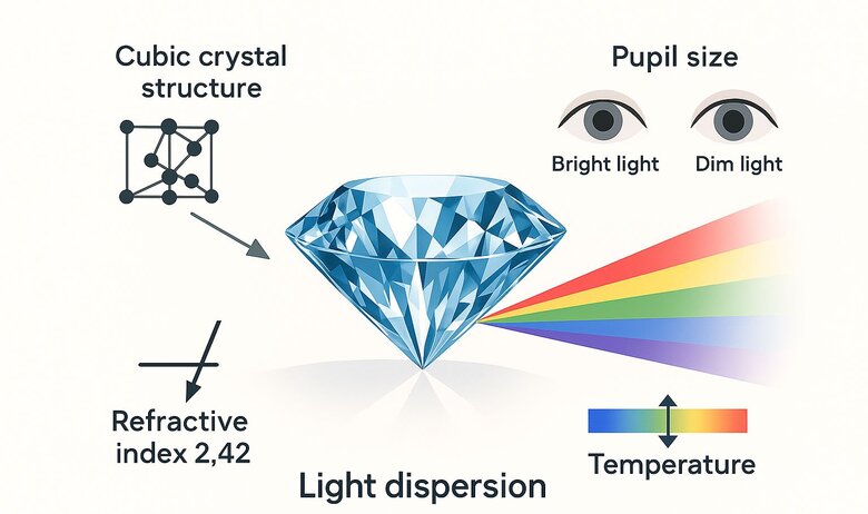 Image: Light Path Through Diamond Crystal Structure - Shows exactly how white light enters diamond and emerges as rainbow colors through internal reflections - Visualizes the complex physics behind diamond fire for easy understanding