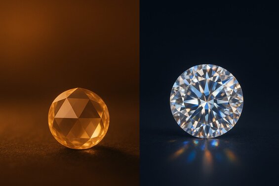 Image: Split lighting comparison showing same rose cut and brilliant cut diamonds under candlelight versus modern LED lighting, demonstrating their different light performance characteristics - Choose optimal cut based on preferred lighting environments