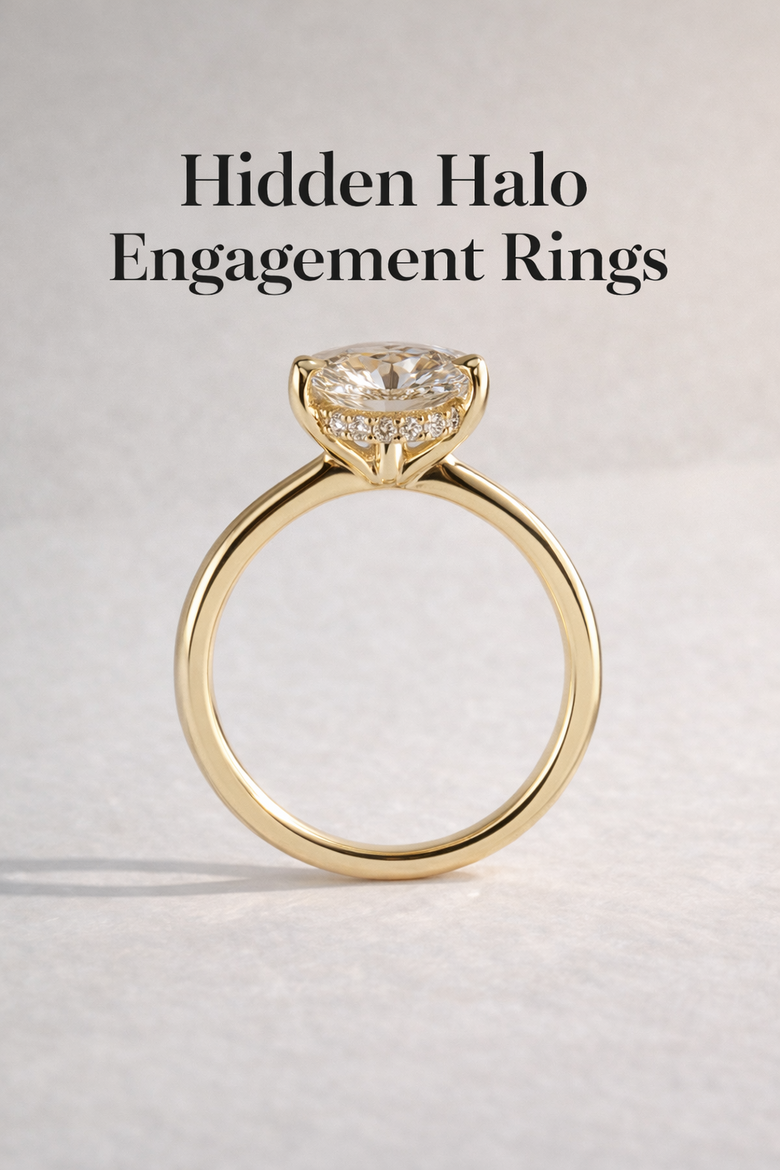 Hidden halo lab grown diamond ring showing side-view sparkle in natural lighting with macro detail of beneath-stone pavé work - Reveals the secret sparkle that transforms ordinary moments into intimate discoveries