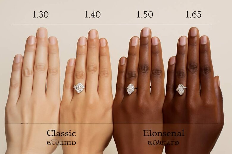 Image: Visual diagram showing oval diamond length-to-width ratios from 1.30 to 1.65 on hand models, with labels indicating &quot;Classic&quot; (1.35-1.45) and &quot;Elongated&quot; (1.50-1.65) zones - Eliminates confusion about abstract ratios by showing exactly how different proportions look on actual fingers