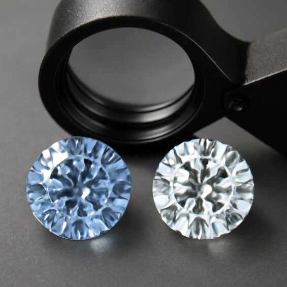 Image: Close-up comparison of blue nuance HPHT diamond next to colorless stone under jeweler