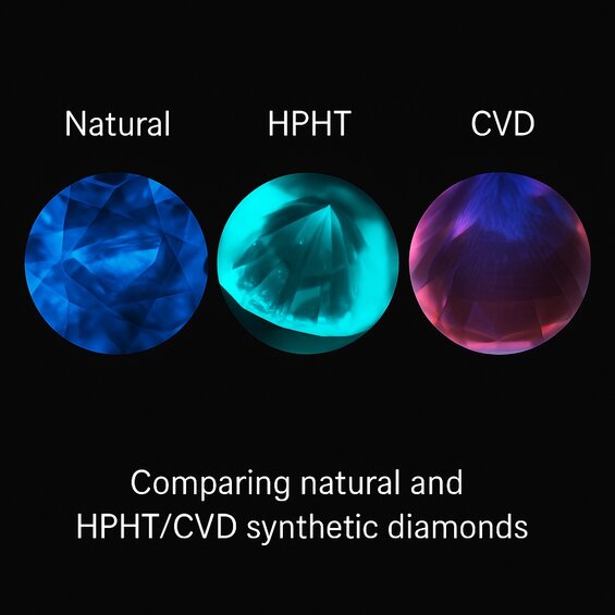 Image : Comparaison de diamants HPHT sous lumière UV - Schémas de fluorescence côte à côte montrant des diamants HPHT, CVD et naturels sous lumière ultraviolette pour démontrer les différences d'identification