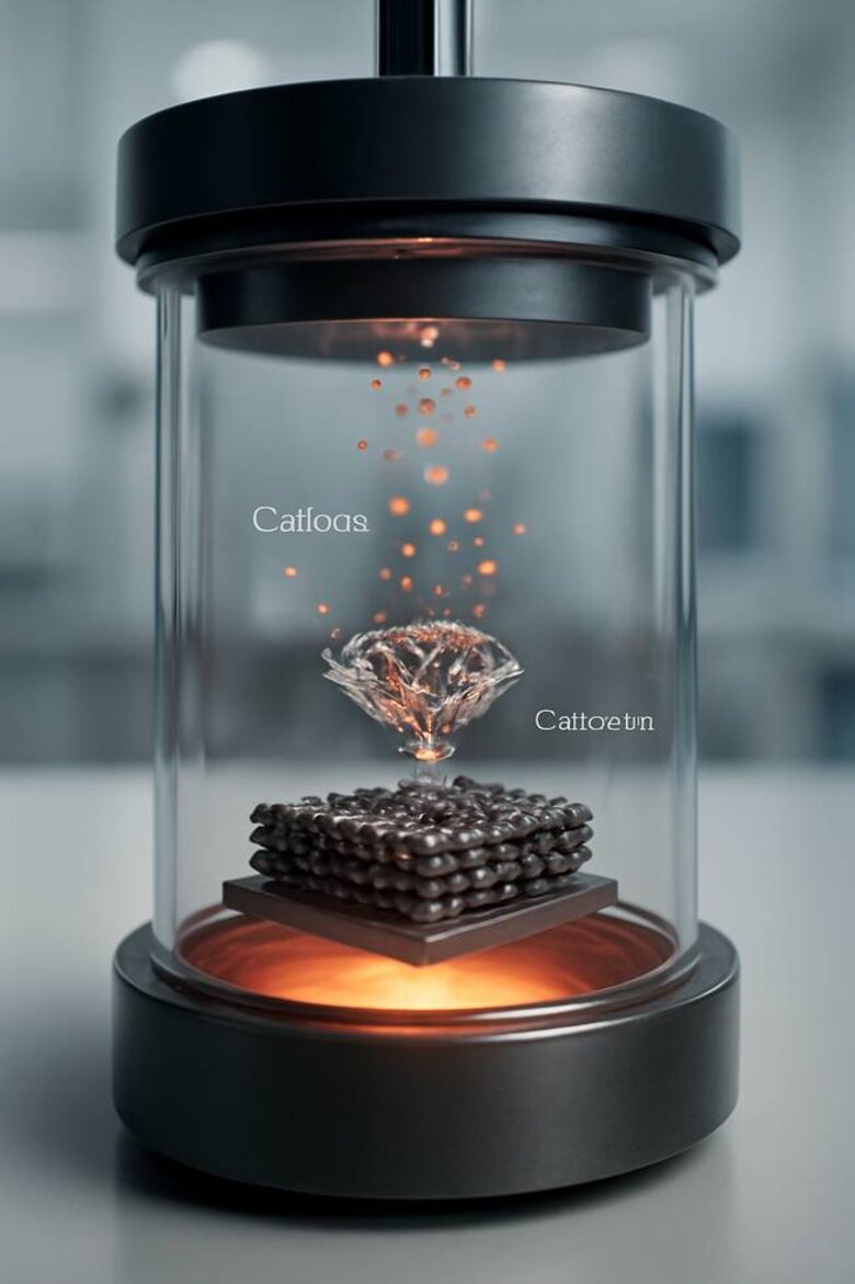 Image: CVD Diamond Growth Chamber Process Visualization - Step-by-step visual showing how carbon atoms build diamond crystal structure layer by layer