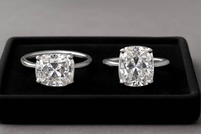 Image: East-West vs Traditional Cushion Setting Side-by-Side Comparison - Visual demonstration of how orientation dramatically changes ring appearance and finger coverage