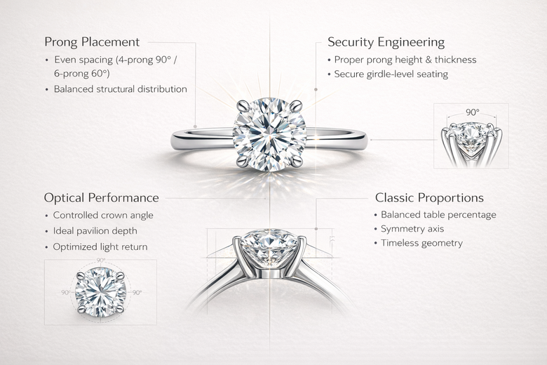 Technical diagram showing prong placement angles and light path optimization in classic solitaire settings - Educates readers on engineering principles behind timeless beauty and security