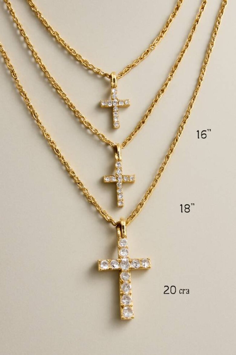 Image: Layered Cross Necklace Styling Guide - Step-by-step visual demonstration showing proper layering technique with 16&quot;, 18&quot;, and 20&quot; chains, including close-up details of how different cross sizes create dimensional harmony